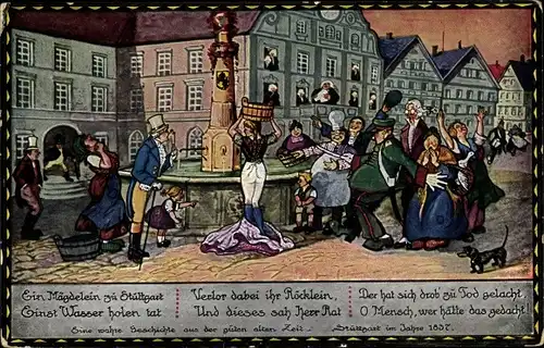 Künstler Ak Stuttgart, Frau verliert Rock am Marktbrunnen anno 1837