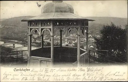 Ak Bad Karlshafen an der Weser, Pavillon, Blick auf den Ort im Tal