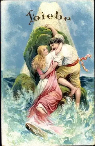 Ak Allegorie, Liebe, Mann und Frau retten sich auf einen Felsen, Schiffbruch