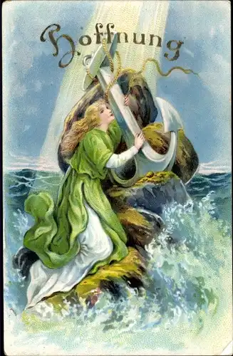 Ak Allegorie, Hoffnung, Frau mit Anker auf einem Felsen, Schiffbruch
