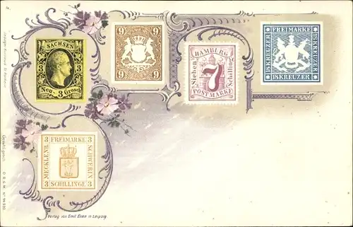 Briefmarken Ak Hamburg Schilling, Sachsen Neugroschen, Mecklenburg Schwerin, Kreuzer