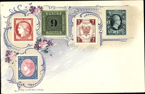 Briefmarken Ak Sachsen Neugroschen, Lübeck, Frankreich, Spanien