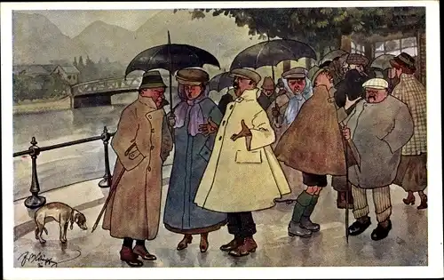 Künstler Ak Schönpflug, Fritz, Menschen  mit Regenschirmen