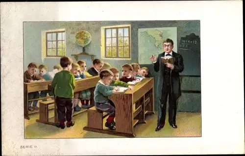 Ak Kinder in der Schule, Lehrer, Tafel, Reklame La farina lattea Nestlé, Societa Henri Nestlé, Wien