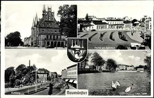 Ak Neumünster in Schleswig Holstein, Rathaus, Kuhberg, Partie am Bahnhof, Teich, Schwan, Wappen