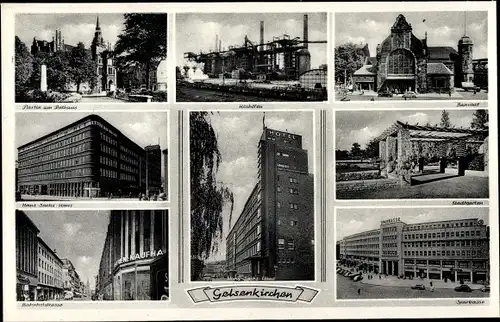 Ak Gelsenkirchen, Stadtgarten, Bahnhof, Sparkasse, Rathaus, Hans Sachs Haus, Hochöfen