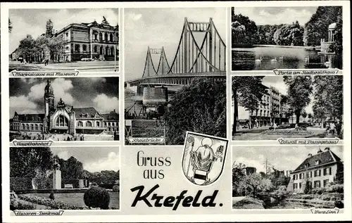 Ak Krefeld am Niederrhein, Rheinbrücke, Ostwall, Burg Linn, Husaren Denkmal, Hauptbahnhof