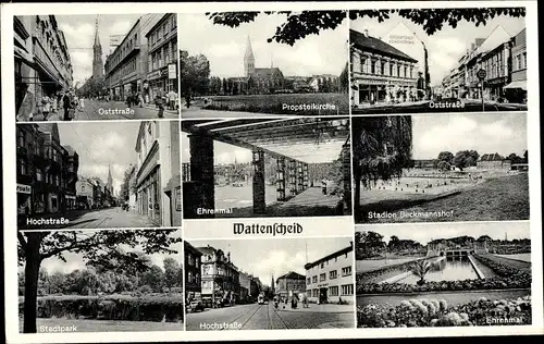 Ak Wattenscheid Bochum Ruhrgebiet, Oststraße, Hochstraße, Ehrenmal, Stadion Beckmannshof, Kirche