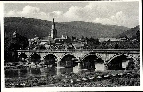 Ak Lohr am Main, Totalansicht, Brücke, Kirche, Fluss