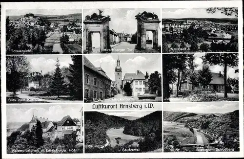 Ak Arnsberg Nordrhein Westfalen, Hirschberger Tor, Kirche, Jugendherberge, Neustadt, Panorama