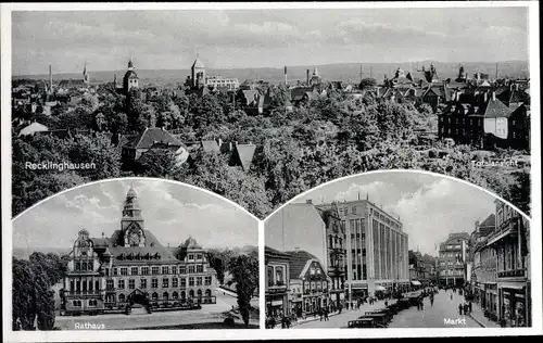 Ak Recklinghausen im Ruhrgebiet, Panorama, Rathaus,  Marktplatz