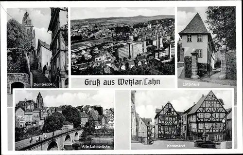 Ak Wetzlar an der Lahn, Gesamtansicht, Lottehaus, Kornmarkt, Lahnbrücke, Domtreppe