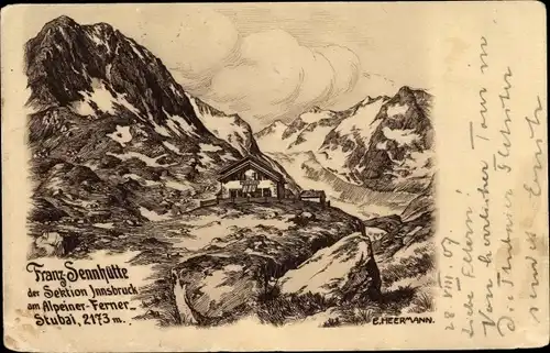 Künstler Ak Heermann, E., Tirol Österreich, Franz Senn Hütte, Alpeiner Ferner, Stubaital