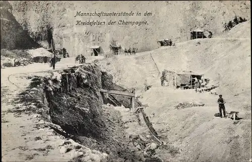 Ak Champagne Seine et Marne, deutsche Mannschaftsunterstände in den Kreidefelsen, 1. WK