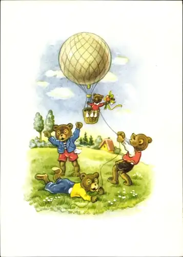 Künstler Ak Teddybären mit einem Heißluftballon
