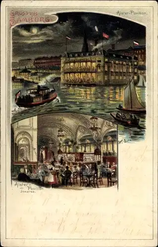 Litho  Hamburg Mitte Altstadt, Alster Pavillon