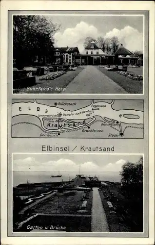 Ak Elbinsel Krautsand Drochtersen im Kreis Stade, Buhrfeind's Hotel, Garten und Brücke