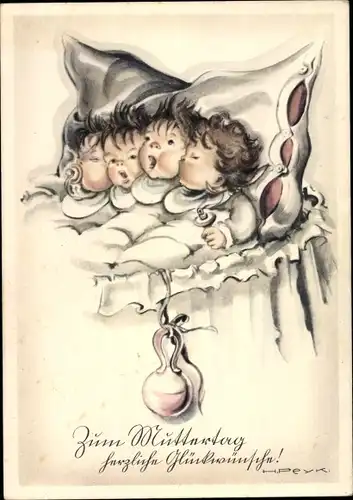 Künstler Ak Peyk, Hilla, Babys im Bett, Rassel