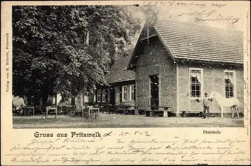 Ak Pritzwalk in der Prignitz, Hainholz, Mann mit Pferd, Gasthaus