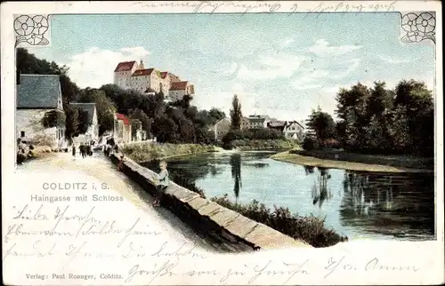 Ak Colditz in Sachsen, Haingasse mit Schloss