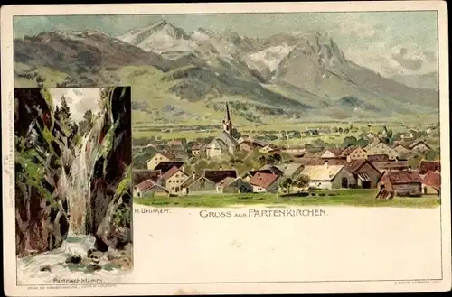 Künstler Litho Deuchert, H., Garmisch Partenkirchen in Oberbayern, Partnachklamm, Panorama vom Ort