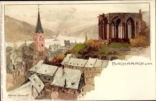 Künstler Litho Wielandt, Manuel, Bacharach am Rhein, Wernerkapelle, Ortsansicht, Rheinpartie