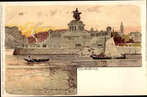 Künstler Litho Wielandt, M., Koblenz, Kaiser Wilhelm Denkmal, Boote, Deutsches Eck