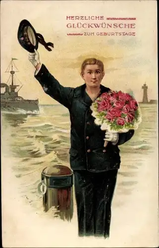 Ak Glückwunsch, Geburtstag, Seemann, Blumenstrauß, Kriegsschiff