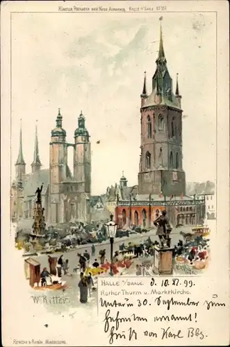 Künstler Litho Ritter, W., Halle a.d. Saale, Roter Turm mit Marktkirche