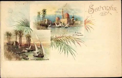 Litho Cairo Kairo Ägypten, Segelboot am Nil, Arabisches Dorf, Moschee