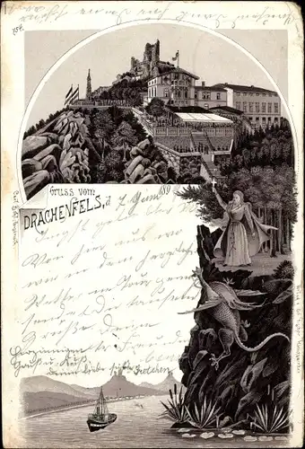 Litho Königswinter im Rhein Sieg Kreis, Drachen und Märchenfiguren nahe des Drachenfelsens, Burg