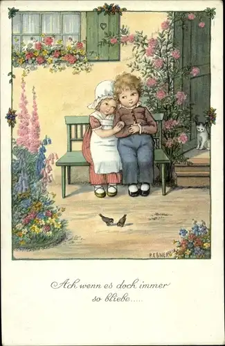 Künstler Ak Ebner, Pauli, Ach wenn es doch immer so bliebe, Paar auf einer Bank vor dem Haus