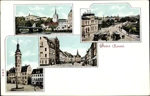 Ak Gera in Thüringen, Schloss Osterstein, Heinrichsbrücke, Straßenbahnen, Rathaus