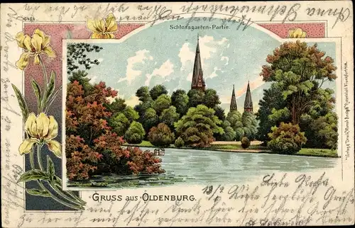 Passepartout Litho Oldenburg in Oldenburg, Schlossgarten Partie, Ufer, Kirchtürme, Blumen