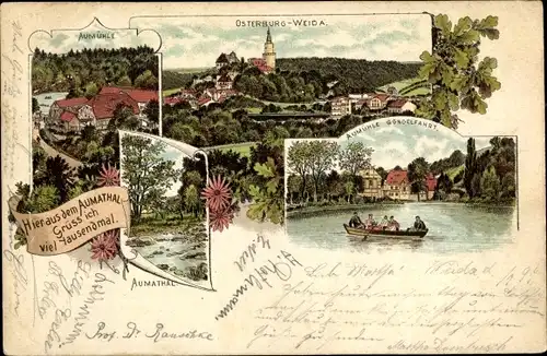 Litho Weida in Thüringen, Osterburg, Aumühle Gondelfahrt, Aumatal