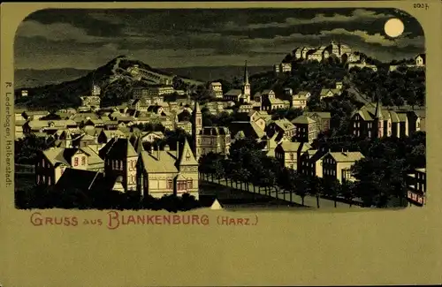 Mondschein Litho Blankenburg Harz, Stadt bei Nacht