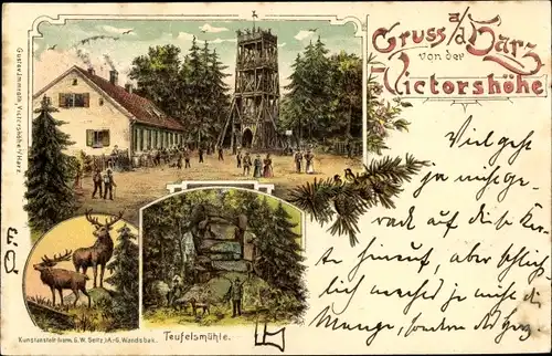 Litho Gernrode Quedlinburg im Harz, Victorshöhe, Gastwirtschaft und Aussichtsturm, Teufelsmühle