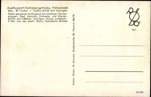 Ak Höhscheid Solingen in Nordrhein Westfalen, Kohlsbergerhöhe, Innenansicht