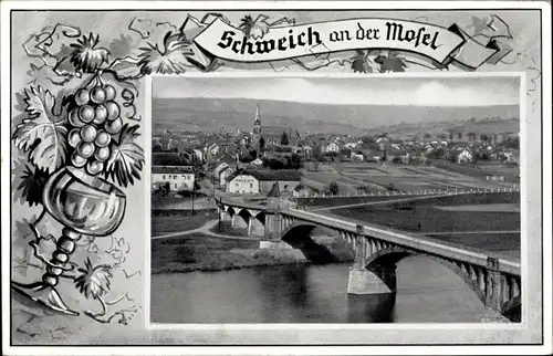 Passepartout Ak Schweich an der Mosel, Blick auf den Ort, Brücke, Weinglas