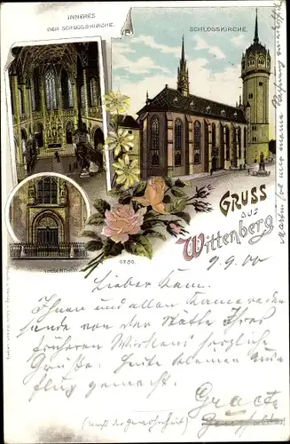Litho Lutherstadt Wittenberg, Schlosskirche, Innenansicht, Thesentür