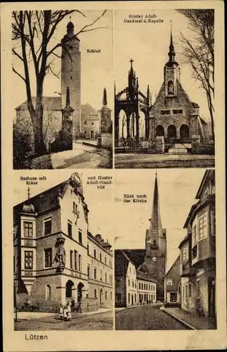 Ak Lützen im Burgenlandkreis, Gustav Adolf Denkmal, Kapelle, Kirche, Rathaus, Schloss
