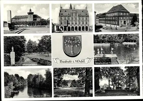 Wappen Ak Bocholt im Münsterland, Gymnasium, Langenbergpark, Kreuzberg, Schwimmbad