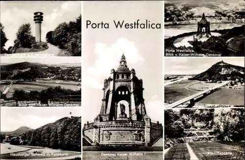 Ak Porta Westfalica an der Weser, Kaiser Wilhelm Denkmal, Freilichtbühne, Weserbrücke