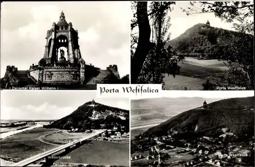 Ak Porta Westfalica an der Weser, Kaiser Wilhelm Denkmal, Luftbild, Weserbrücke