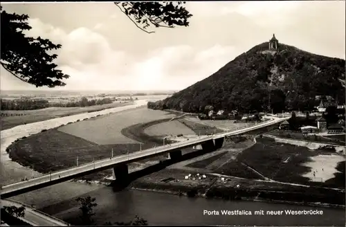 Ak Porta Westfalica, Fliegeraufnahme, Kaiser Wilhelm I. Denkmal, Weserbrücke