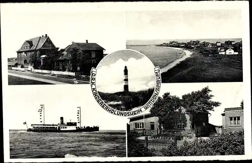 Ak Wittdün auf Insel Amrum in Nordfriesland, Kindererholungsheim, Schiff, Strandpartie, Leuchtturm