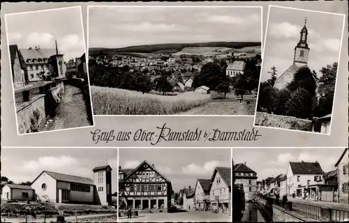 Ak Ober Ramstadt im Odenwald Hessen, Panorama, Kirche, Hirsch Apotheke