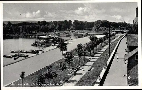 Ak Ginsheim Gustavsburg, Grünanlage, Motorboot Landeplatz