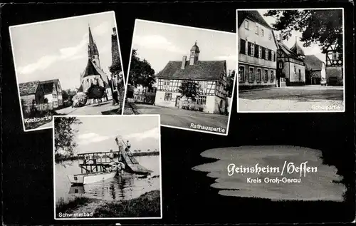 Ak Geinsheim Trebur am Rhein Hessen, Rathaus, Schule, Schwimmbad, Kirche