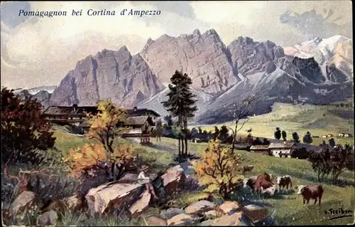 Künstler Ak Treiber, Cortina d'Ampezzo Veneto, Pomagagnon, Blick auf den Ort und die Umgebung